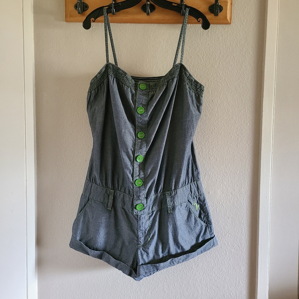 Baby Phat Chambray Romper with Green Buttons